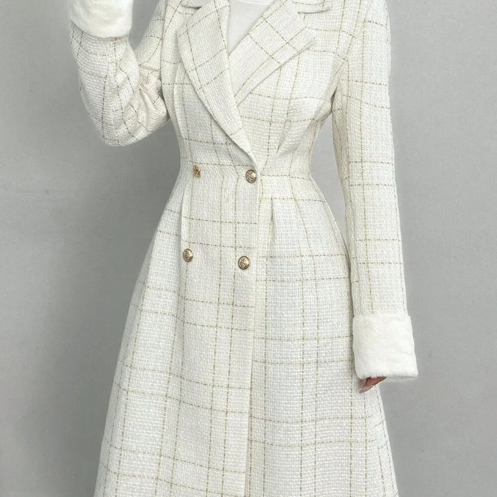 White Elegant Women's Long Sleeve Double-Breasted Coat w/Cinched Waist Cuff Fur - Picture 6 of 7
